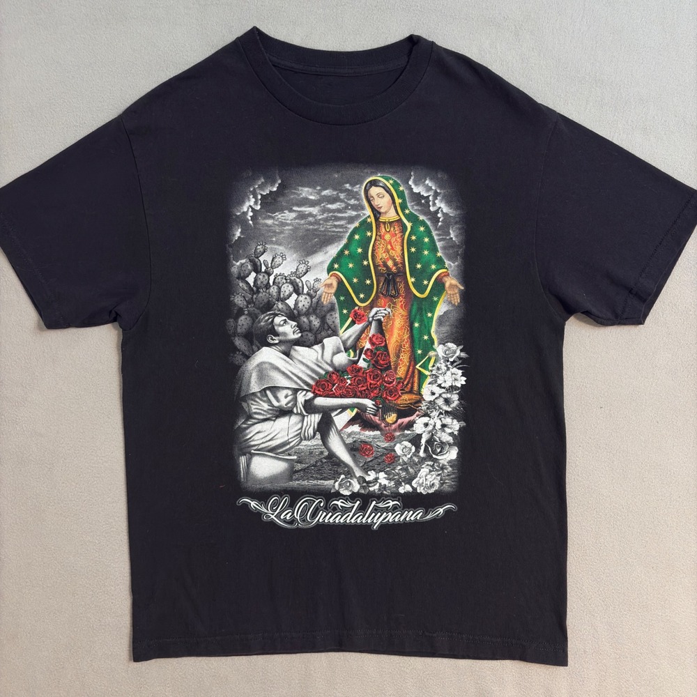 La Guadalupana Graphic T-Shirt Black Religious Art Menswear Top Large